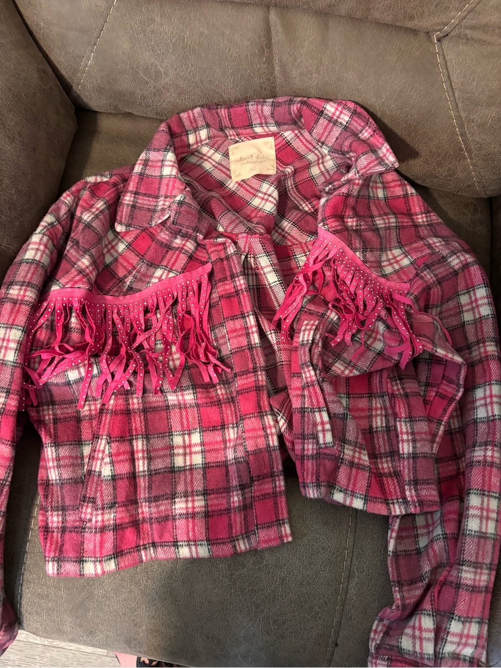 ALTRD STATE Pink Plaid Fringe Jacket